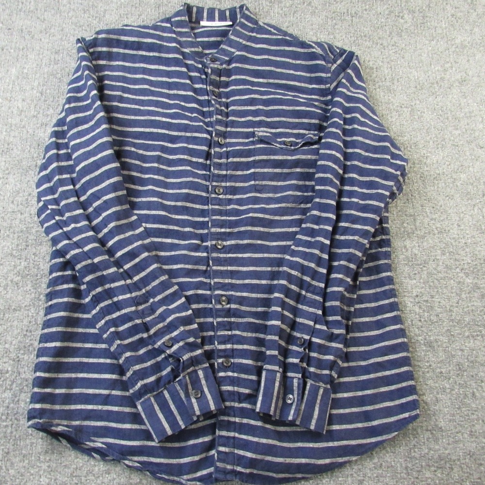 Murano Baird McNutt Linen Shirt Mens Large Blue Striped‎ Band Collar Slim Fit